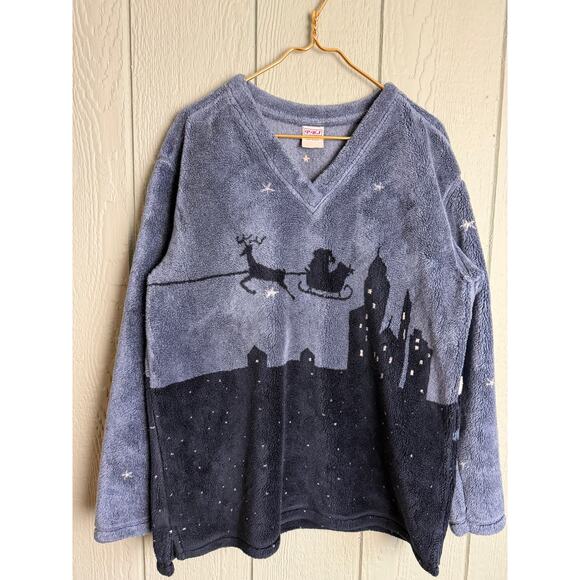 Vintage PBJ Sport Fleece Christmas Sweater Night Sky Scene Cozy V-Neck USA – M/L - Picture 1 of 6